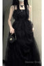 Chic Ball Gown Spaghetti Straps Black Tulle Long Birthday Dresses Birthday Outfits
