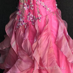Chic Ball Gown Spaghetti Straps Pink Satin Evening Dresses Long Prom Dresses With Embroidered