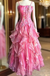 Chic Ball Gown Spaghetti Straps Pink Satin Evening Dresses Long Prom Dresses With Embroidered