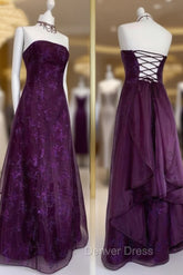 Chic Ball Gown Strapless Grape Tulle Evening Dresses Long Prom Dresses