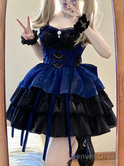 Chic Ball Gown Straps Royal Blue Organza Short Lolita Dresses Party Dress Birthday Outfits