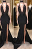 Chic Black High Neck Lace Front Split Mermaid Prom Gown