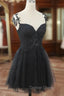 Chic Black Lace Straps Tulle Short Prom Drss, Black Sweetheart Homecoming Dresses