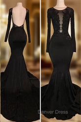 Chic Black Mermaid Prom Party GownsLong Sleeves With Lace Appliques