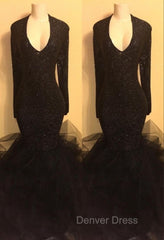 Chic black sequins prom Dresses, ruffles evening Dresses