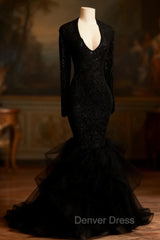 Chic black sequins prom Dresses, ruffles evening Dresses