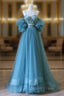 Chic Blue Sweetheart Straps Off Shoulder Tulle Formal Dresses, Blue Prom Dresses