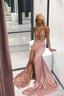 Chic Dusty Pink Long Sleevess Lace Appliques New Arrival High Split Sequined Long Prom Gown