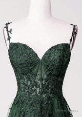 Chic Green Straps Tulle with Lace Party Dress, A-line Sweetheart Floor Length Prom Dress