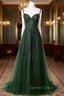 Chic Green Straps Tulle with Lace Prom Dress, A Line Sweetheart Floor Length Prom Dresses
