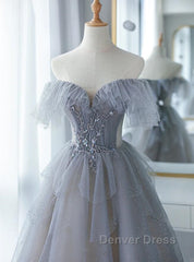 Chic Grey Beaded Layers Tulle Long Formal Dresses, Grey Off Shoulder Prom Dresses