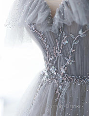 Chic Grey Beaded Layers Tulle Long Formal Dresses, Grey Off Shoulder Prom Dresses