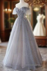 Chic Grey Beaded Layers Tulle Long Formal Dresses, Grey Off Shoulder Prom Dresses