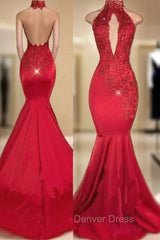 Chic Halter Mermaid Prom Party GownsLong With Lace Appliques