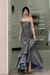 Chic High Low Spaghetti Straps Gray Blue Long Party Dresses Birthday Outfits