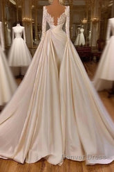 Chic Long A-line Cathedral V-neck Satin Lace Wedding Dresses With Sleeves