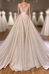 Chic Long A-line Sleeveless Spaghetti Strap Cathedral V-neck Satin Lace Wedding Dresses