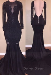 Chic Mermaid Black Long-Sleeves Backless Appliques Prom Party Gowns