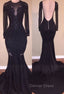 Chic Mermaid Black Long Sleeves Backless Appliques Prom Gown