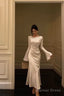 Chic Mermaid Boat Neckline Long Sleeves Silk Satin Prom Dress Birthday Dresses