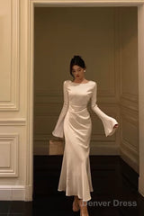 Chic Mermaid Boat Neckline Long Sleeves Silk Satin Prom Dresses Birthday Dress