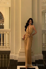 Chic Mermaid Halter Gold Long Ruffles Prom Dresses Birthday Dress