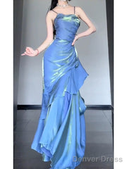 Chic Mermaid Spaghetti Straps Blue Long Prom Dress Birthday Dresses Birthday Outfits