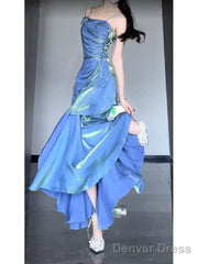 Chic Mermaid Spaghetti Straps Blue Long Prom Dress Birthday Dresses Birthday Outfits
