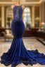 Chic Mermaid Spahgetti-Straps Openback Velvet Applique Prom Party Gowns