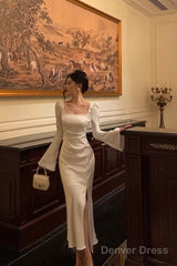 Chic Mermaid Square Neckline Long Sleeves Slit Prom Dresses Birthday Outfits