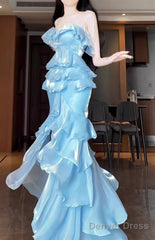 Chic Mermaid Strapless Light Sky Blue Chiffon Ruffles Long Prom Dresses Birthday Outfits