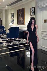 Chic Mermaid V Neckline Backless Black Slit Prom Dresses Birthday Outfits