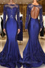 Chic Open Back Royal Blue Real Model Prom Dresses Lace Long Sleeves Mermaid Prom Gowns