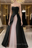 Chic Pink and Black Satin with Tulle Prom Dress, A Line Long Prom Dresses