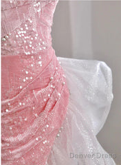 Chic Pink High Low Mermaid Off Shoulder Prom Dress, Pink Homecoming Dress