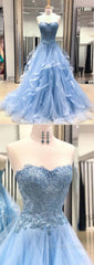 Chic Prom Dresses Sweetheart Sky Blue Ruffles Aline Lace Prom Dresses