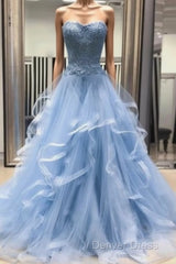 Chic Prom Dresses Sweetheart Sky Blue Ruffles Aline Lace Prom Dresses