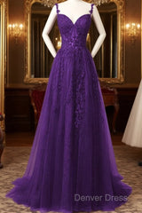 Chic Purple Sweetheart Straps Long Tulle Party Dresses, Purple Long Evening Dresses