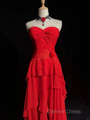 Chic Red High Low Chiffon Wedding Party Dresses, Red Layers Long Formal Dresses