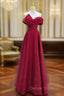 Chic Satin Long Party Dresses Prom Dresses, A-line Red Off Shoulder Evening Dresses