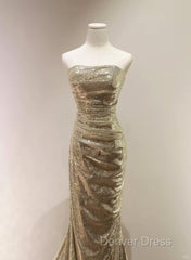 Chic Sequins Mermaid Scoop Long Formal Dresses, Gold Long Prom Dresses Party Dresses