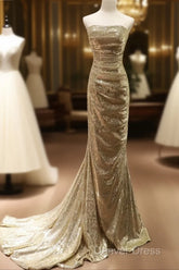 Chic Sequins Mermaid Scoop Long Formal Dresses, Gold Long Prom Dresses Party Dresses