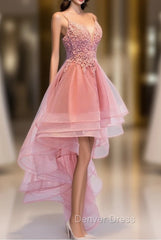 Chic V-neckline Lace Applique Tulle High Low Straps Homecoming Dresses, Tulle Short Prom Dresses