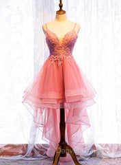 Chic V-neckline Lace Applique Tulle High Low Straps Homecoming Dresses, Tulle Short Prom Dresses
