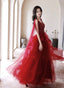 Chic V Neckline Tulle Floor Length Prom Dress, Wine Red Tulle Prom Dresses