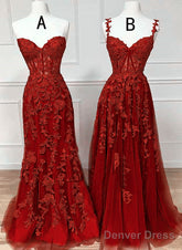 Chic Wine Red Lace And Tulle Sweetheart Party Dress, Wine Red Long Prom Dress