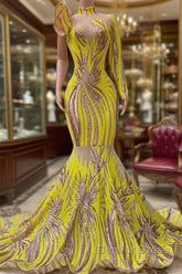 Chic Yellow Long Mermaid High Neck Tulle Lace Prom Dresses with Sleeves