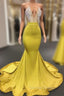 Chic Yellow Sleeveless Crystals Sheer Tulle Prom Dresses New Arrival Mermaid Prom Gown