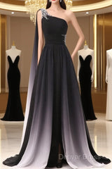 Chiffon A-Line Gradient One Shoulder Evening Dresses, Chiffon Prom Dresses Party Dresses