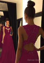 Chiffon Prom Dresses A-Line/Princess Scoop Neck Sweep Train With Appliqued Beaded
